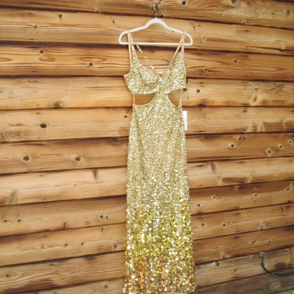 MAC DUGGAL 6077 Gold Thin Strap Cut Out Gown With Ombre Sequins - Picture 10 of 16